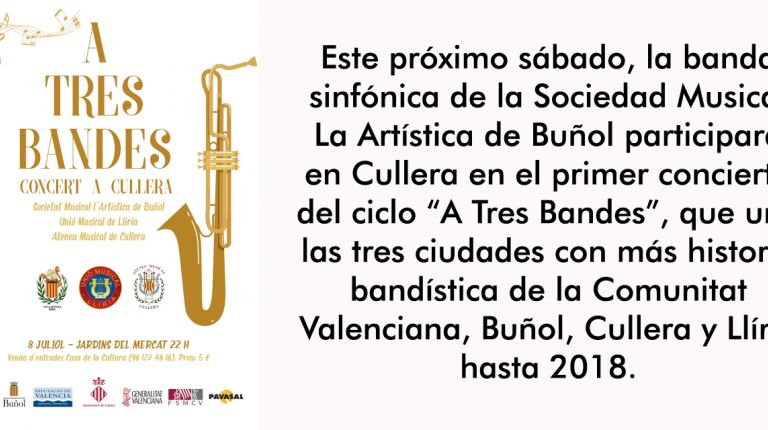 El Ayuntamiento de Buñol, orgulloso por la participación de la banda sinfónica de La Artística en Cullera en el Ciclo de Conciertos “A Tres Bandes